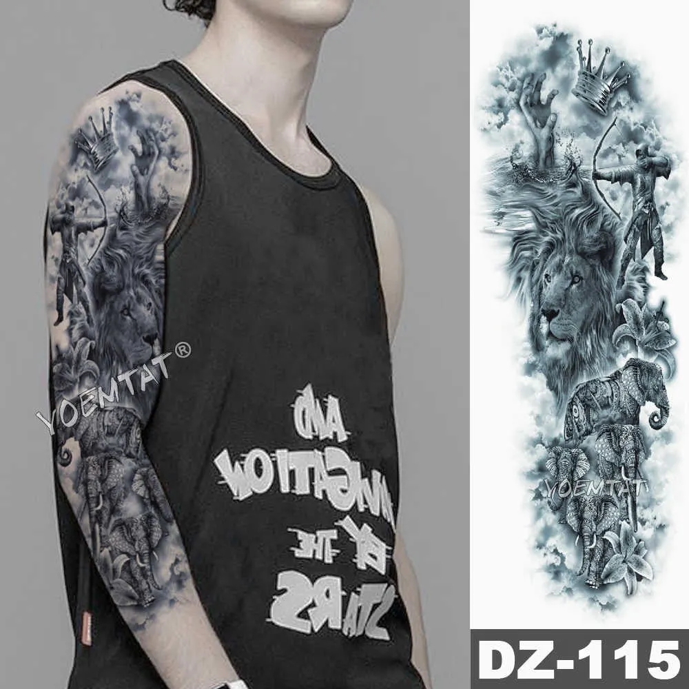 Large Arm Sleeve Tattoo Sketch Lion Tiger Waterproof Temporary Tattoo Sticker Crow Warrior Soldier Men Full Skull Totem Tattoo
