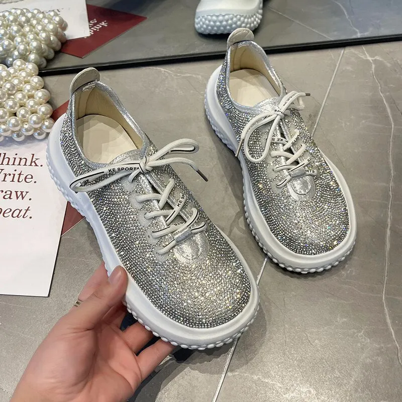 Bling Crystal Platform Sneakers Women Black Thick Sole Vulcanize Shoes Woman Fashion Rhinestone Lace Up Sport Shoes 2022
