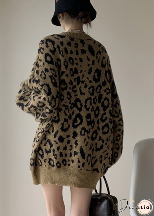 Women Khaki Leopard O Neck Cozy Knit Sweater Winter
