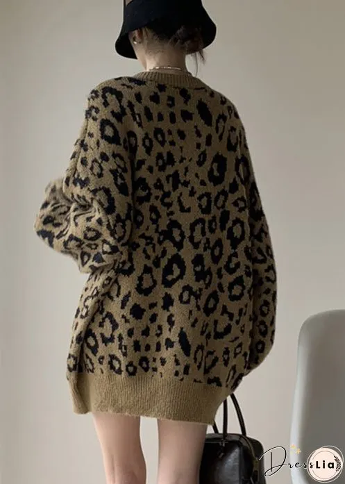 Women Khaki Leopard O Neck Cozy Knit Sweater Winter