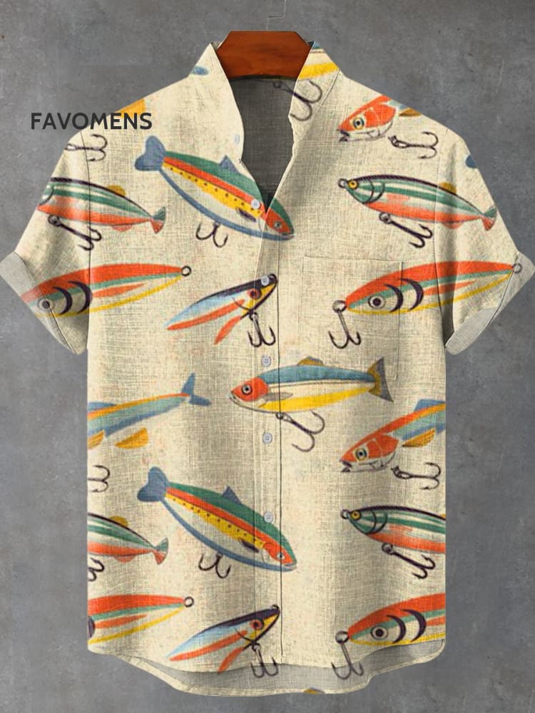 Fish Shape Fishhook Retro Art Print Casual 100% Cotton Shirt Multicolor / S