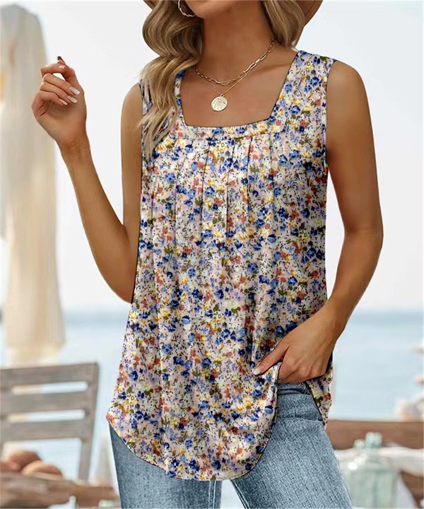 Sleeveless Square Collar Printed Vest T-shirt