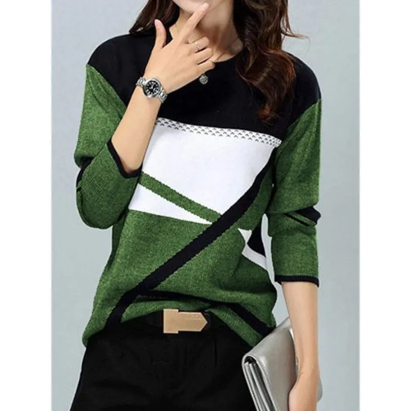 Brownm Loose Color Printed Round Neck Long Sleeve T-shirt