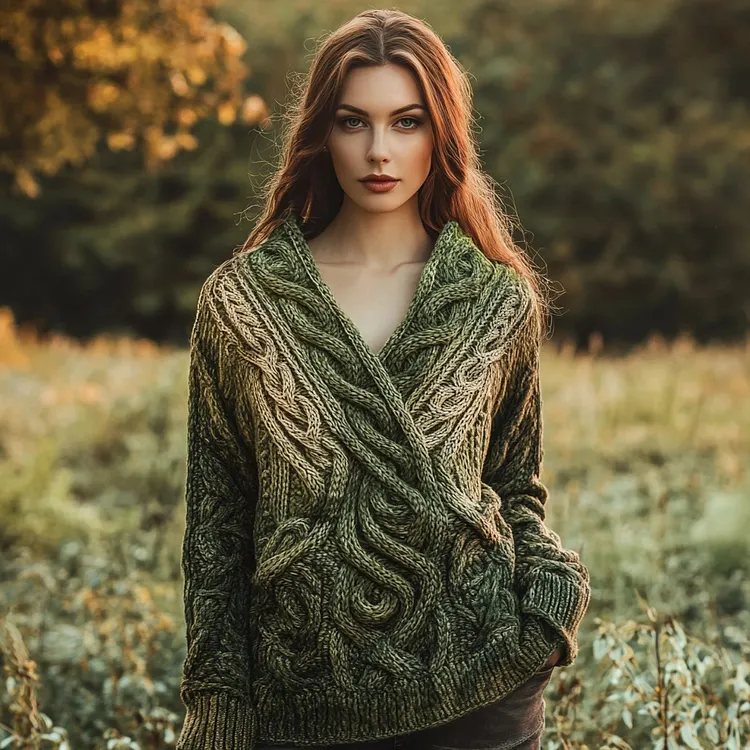 Women's Vintage Celtic Intricate Knot Jacquard V Neck Sweater