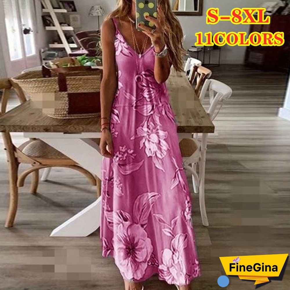 S-8XL Plus Size Vrouwen Maxi Jurk Zomer Casual Sexy Boho Gedrukt Lange Jurk Mouwloze V-hals Kleding Jurk Losse Vestido
