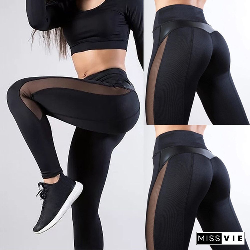 Fashion Women's Stretchy Mesh & Leather Patchwork High Waist Tummy Control Sport Yoga Running Pants GYM Fitness Leggings