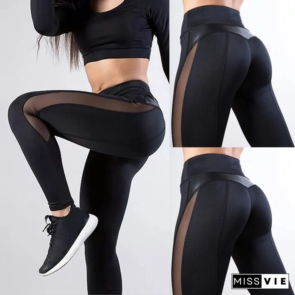 Fashion Women's Stretchy Mesh & Leather Patchwork High Waist Tummy Control Sport Yoga Running Pants GYM Fitness Leggings