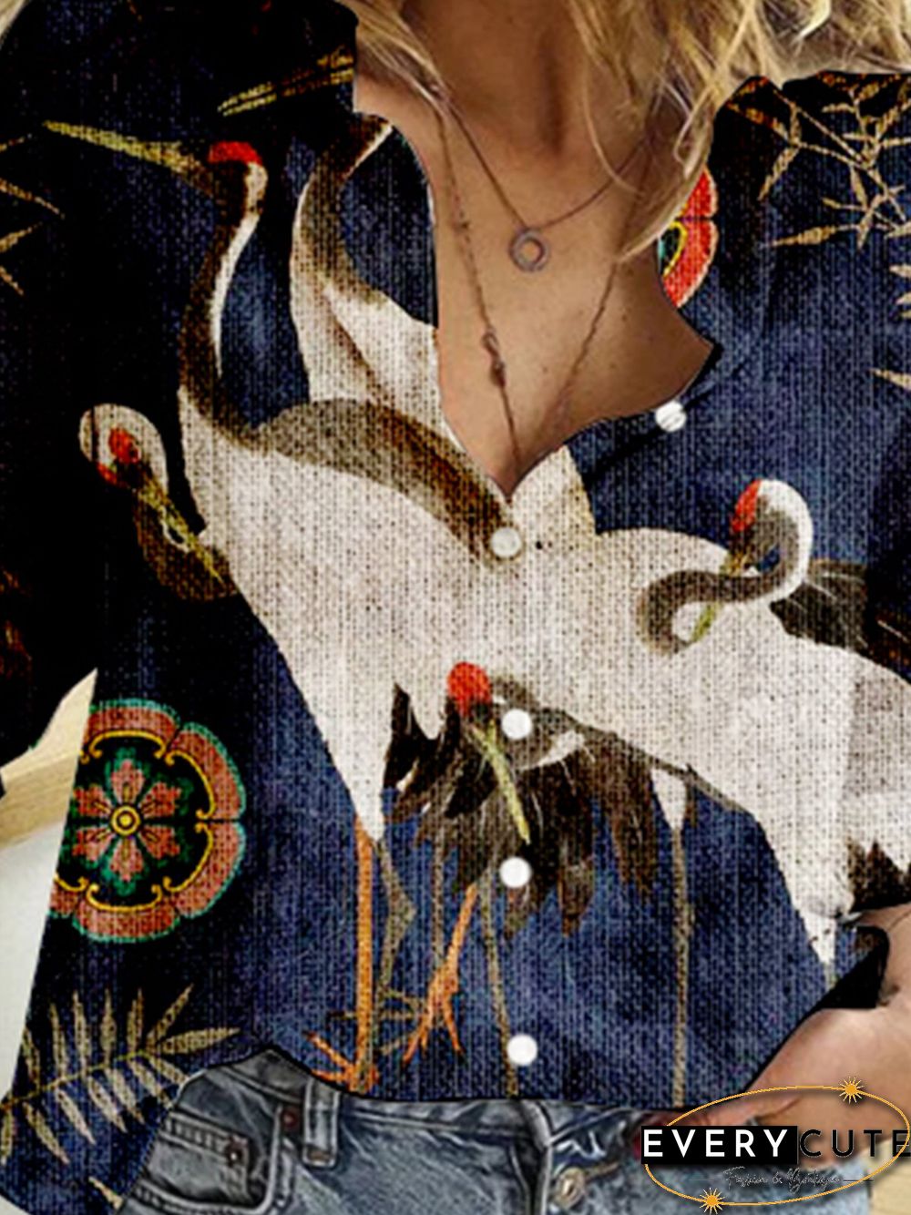 Stand Collar Long Sleeve Floral-Print Blouse