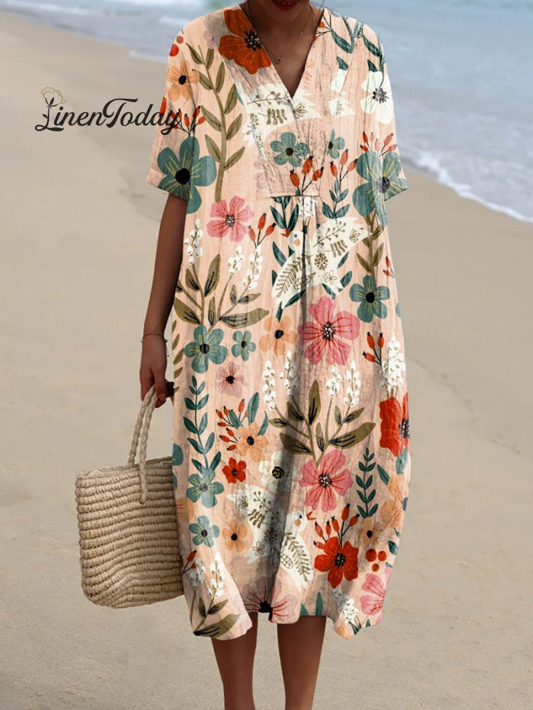 Women&rsquo;s Orange Floral Print Pocket Linen Dress Multicolor / S