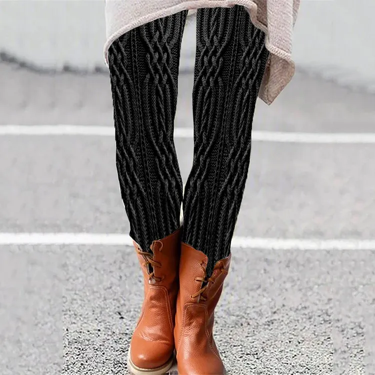 Vintage  Geometry Aran Cable Knit Pattern Comfy Leggings