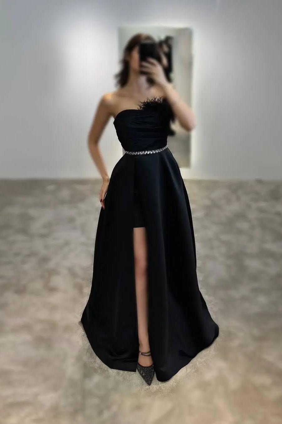 Lussooy Black Satin Beautiful Sleeveless Strapless Long Split Prom Dress with Feathers  