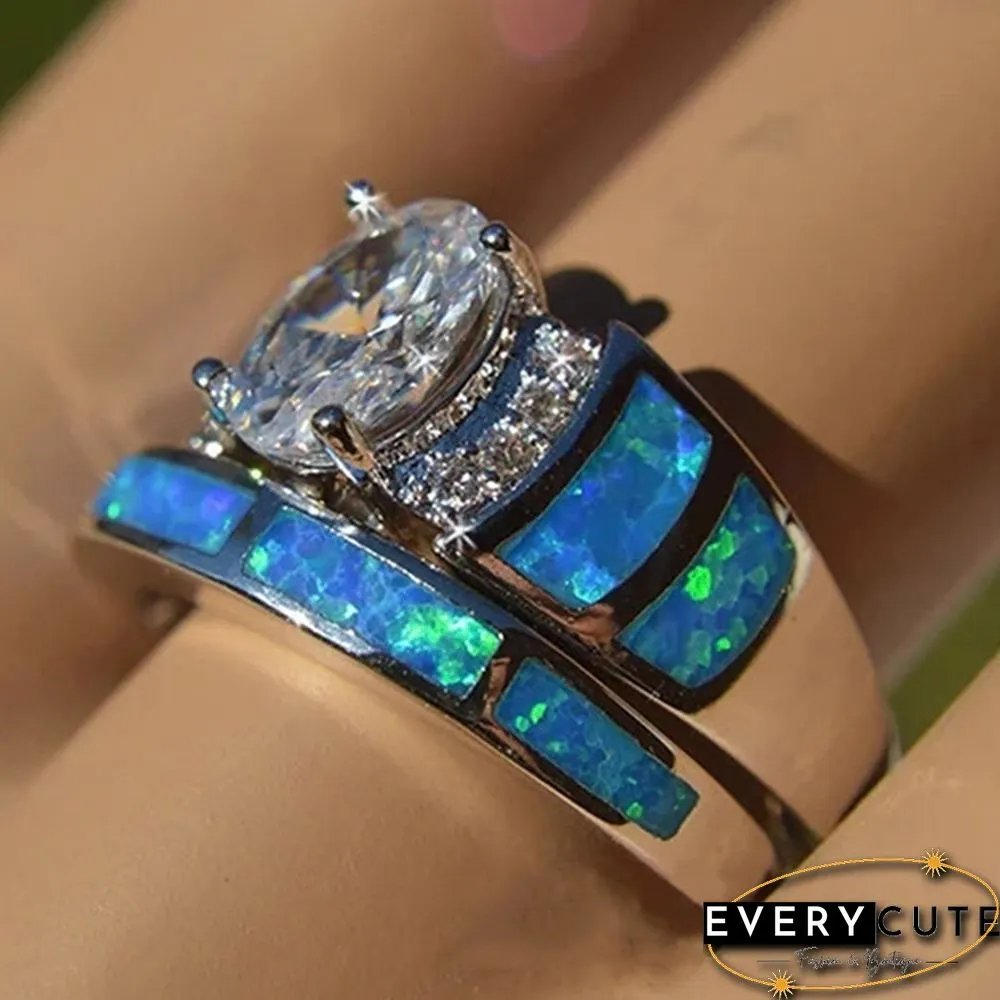2Pcs/Set 925 Silver Rings For Women White Sapphire Blue Opal Jewelry Inlaid Fine Prong Wedding Ring Sz 5-10