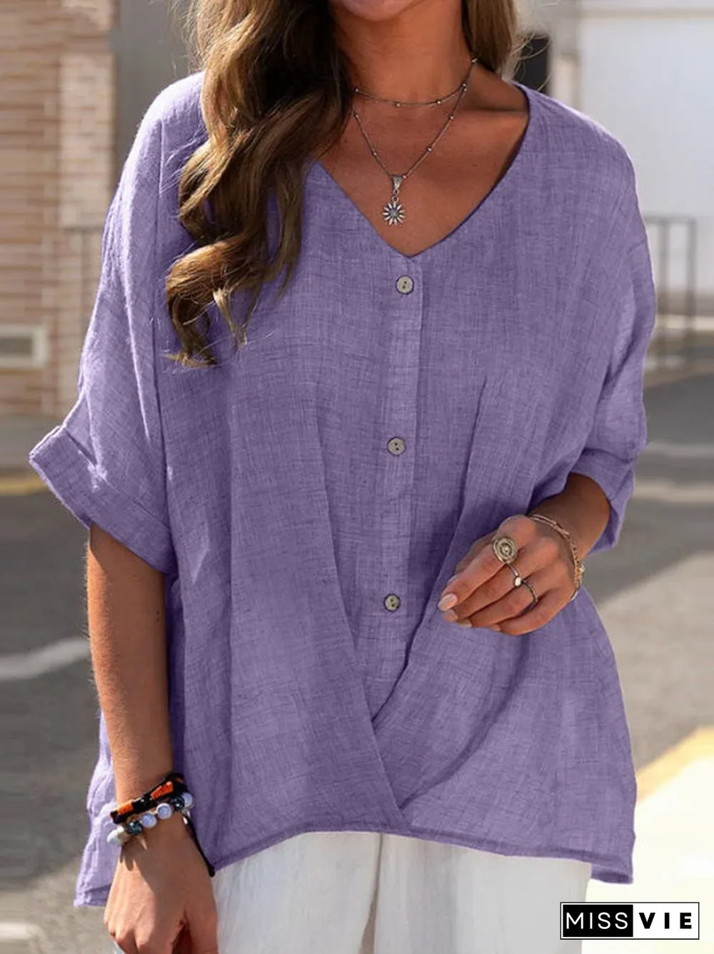 Women's Short Sleeve V-neck Solid Color Buttons Casual Tops