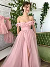 Dusty Rose Light Baby Pink Tulle Formal Gown 3D Floral Floor Length Maxi Off The Shoulder Special Occasion Dress High Leg Split Corset Ethereal Whimsical Cottagecore Fairy