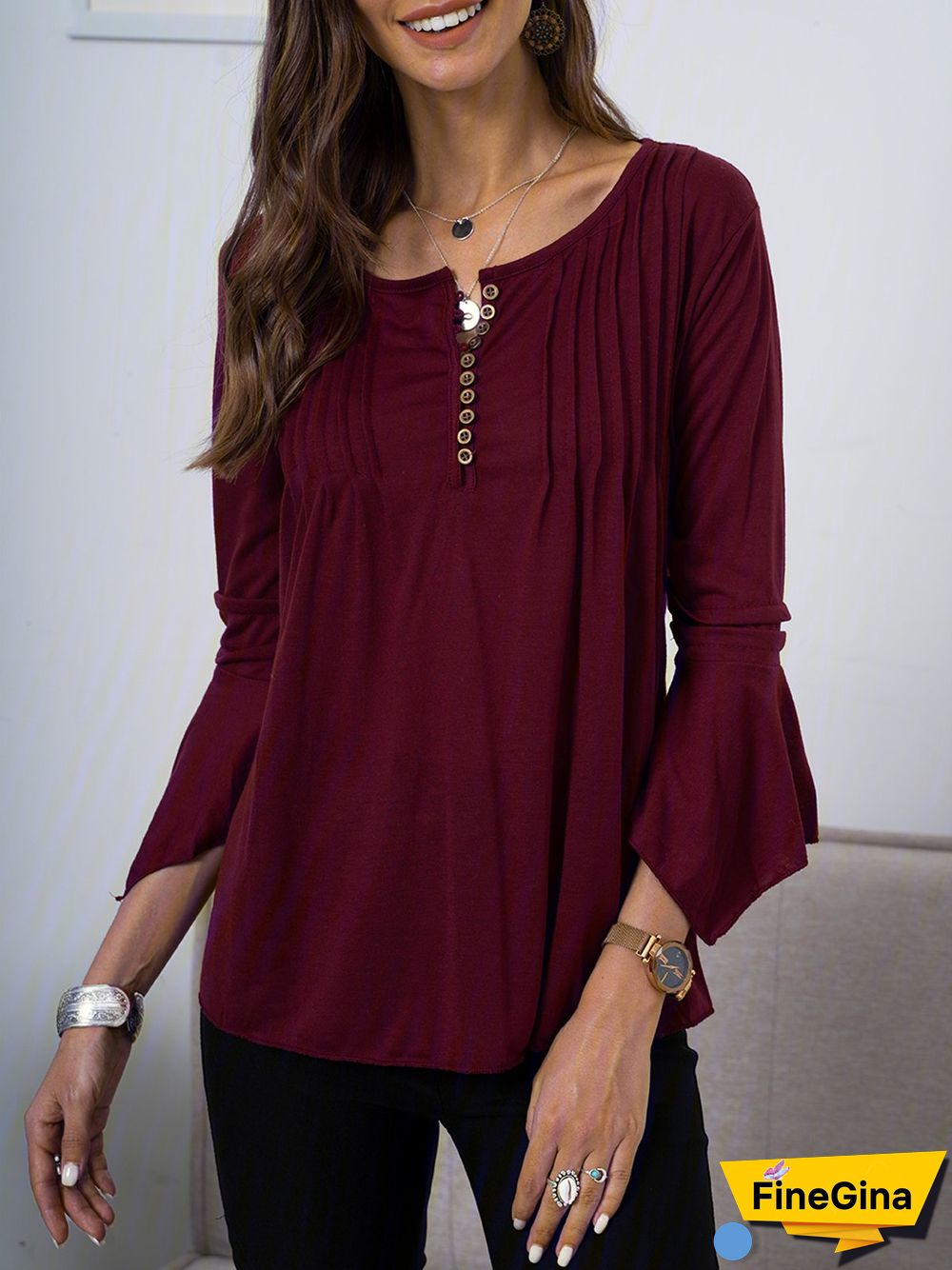 3/4 Sleeve Casual Plain Blouses & Shirts