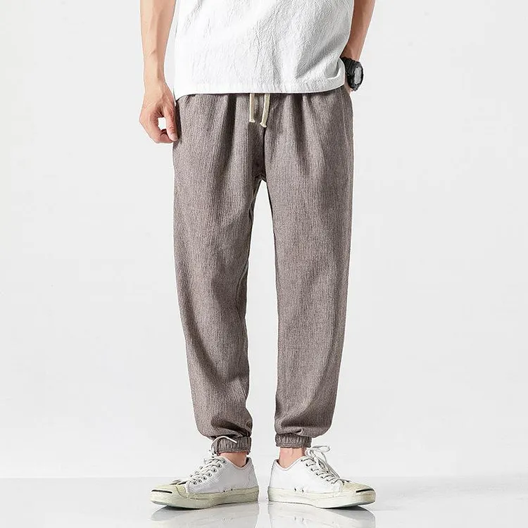 Linen Pants Straight Leg Pants Drawstring Lightweight Elastic Beach Pants Men's plus Size Solid Color Loose Trousers