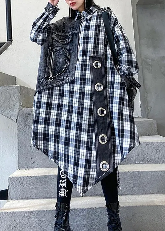 Loose lapel patchwork spring tunic pattern Work plaid blouses