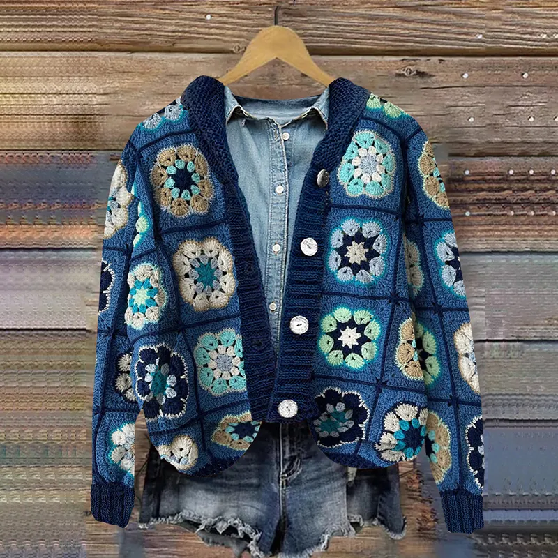 Crochet Floral Blanket Print Knitted Hooded Cardigan