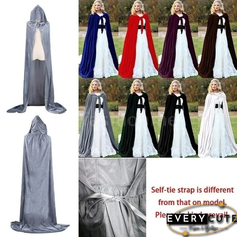 Adult Hooded Cloak Long Velvet Cape Robe Green Black Red Halloween Carnival Purim Coats Medieval Witch Wicca Vampire Costume
