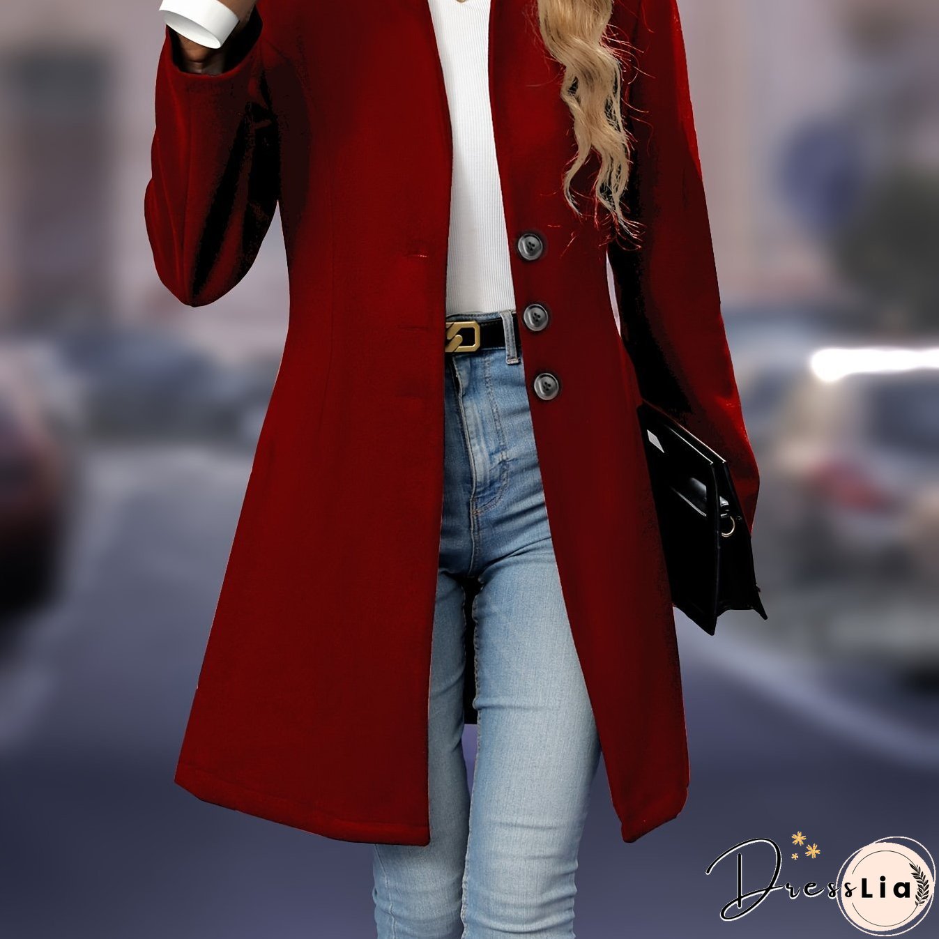 Solid Button Front Tunic Overcoat, Elegant Long Sleeve Winter Outwear, Women's Clothing