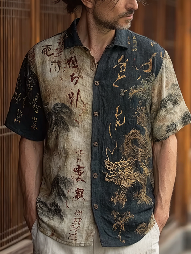 Japanese Art Retro Pattern Clash Color Design Men's Casual Linen Shirt elevenforest