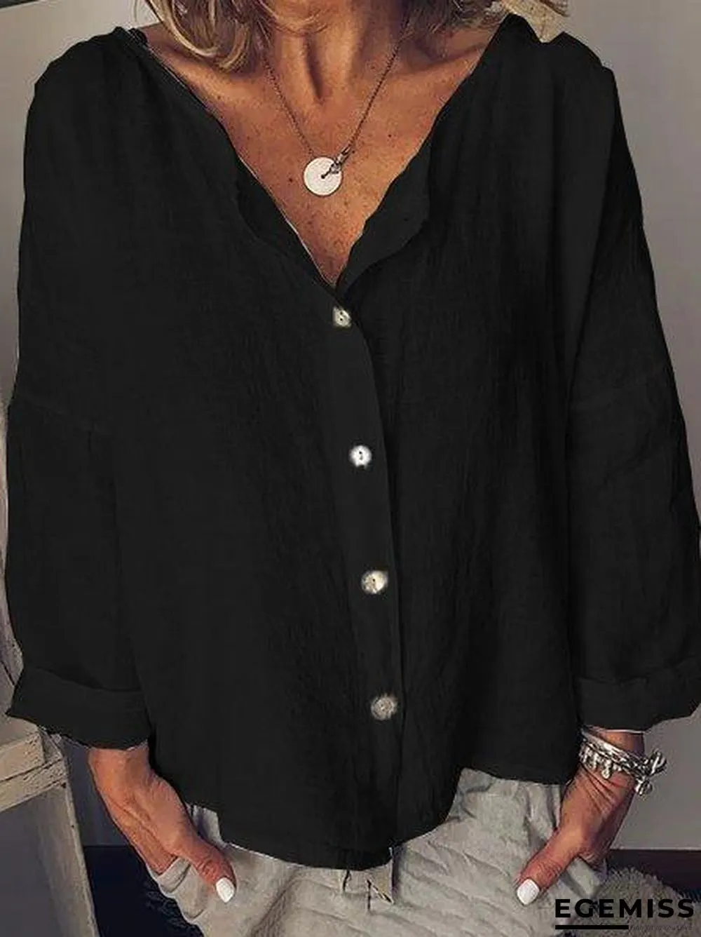 Long Sleeve Solid Shirts Plus Size Blouses Linen | EGEMISS