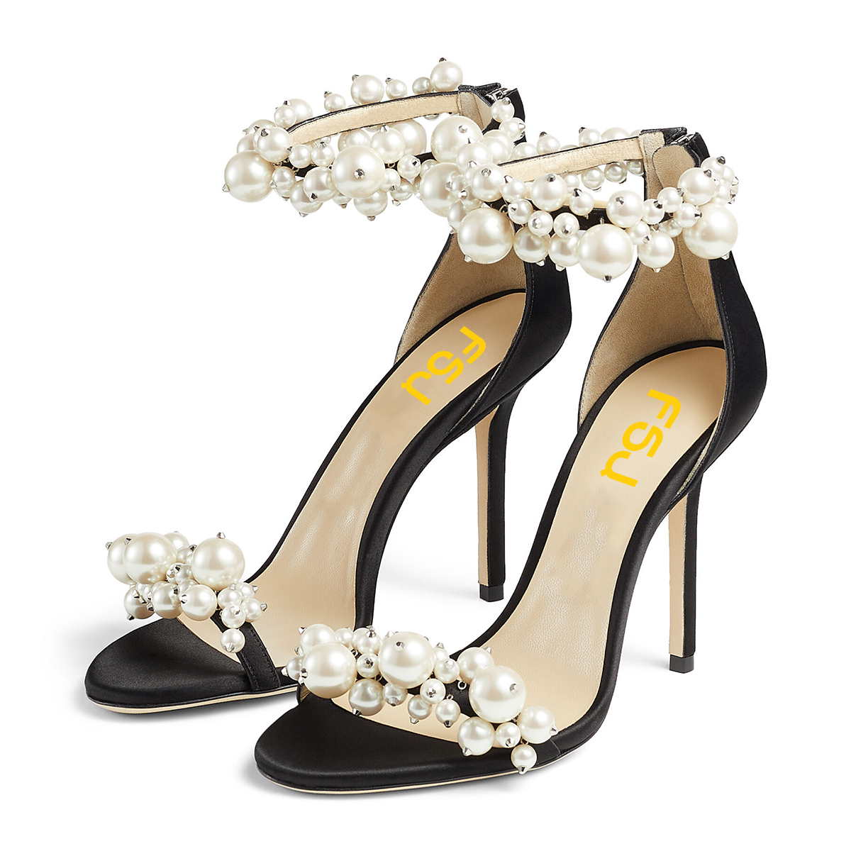 Black Satin Open Toe Ankle Strap Stiletto Heel Pearl Sandals Nicepairs