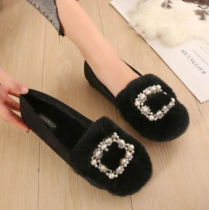 Real Rabbit Fur Shoes Woman Winter Plush Cotton Flats String Beaded Buckle Loafers Ladies Plus Size Moccasins Fleeces Snow Shoes