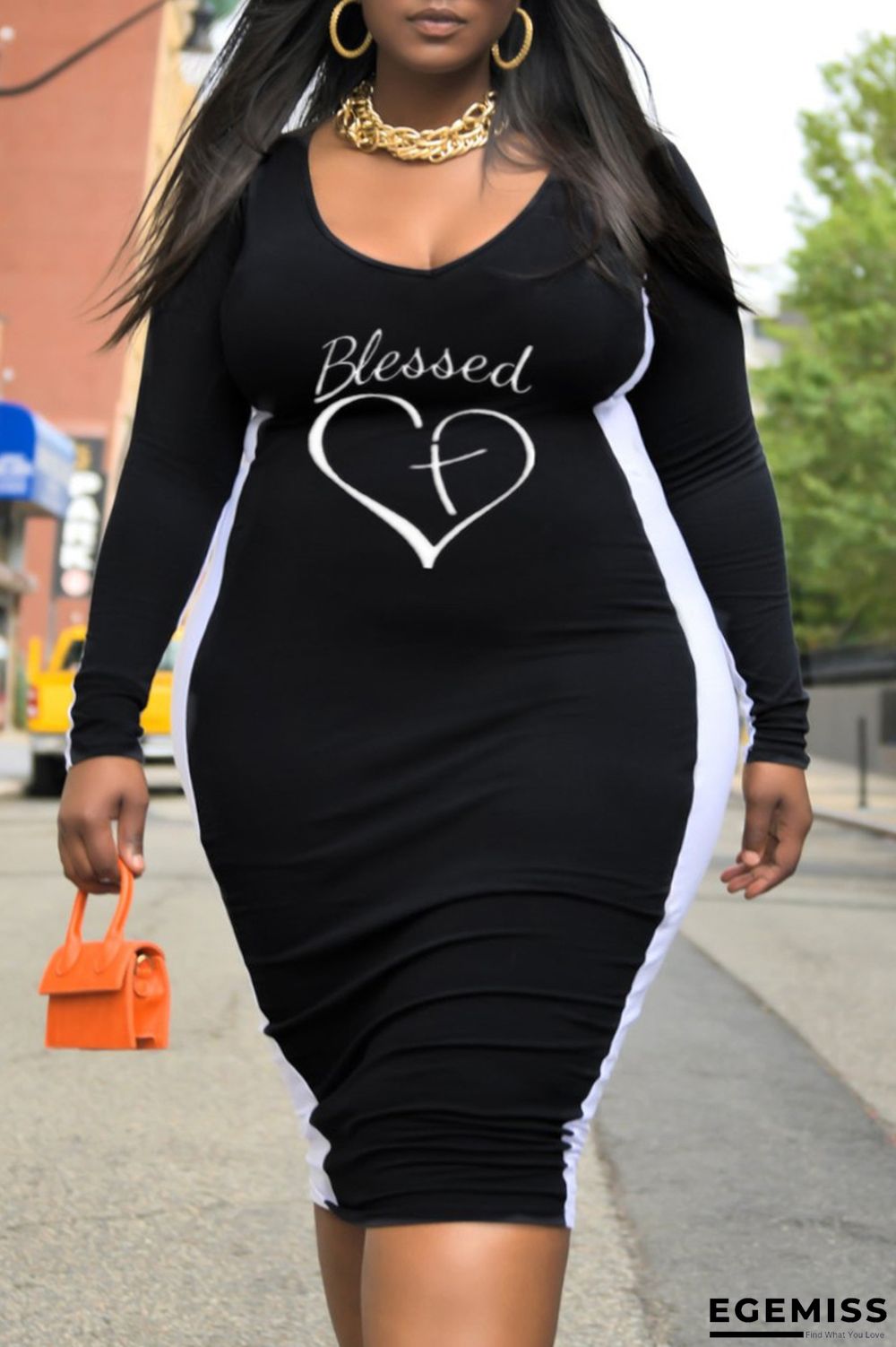 Black Casual Print Patchwork V Neck One Step Skirt Plus Size Dresses | EGEMISS