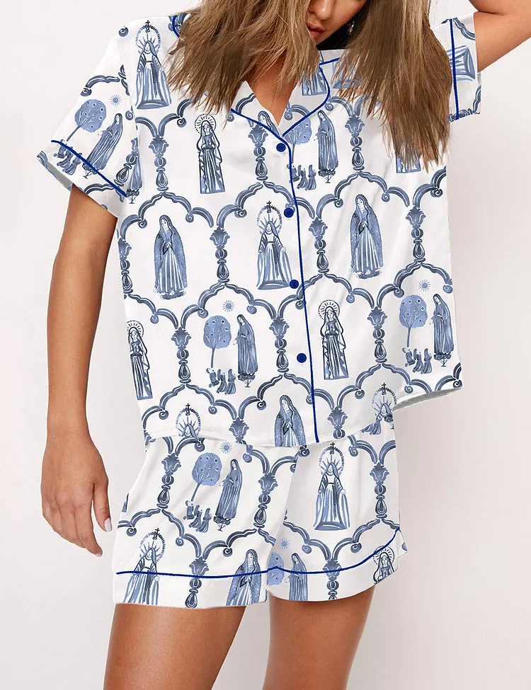 Women's Mary Apparition Catholic Blue & White Pajama Set