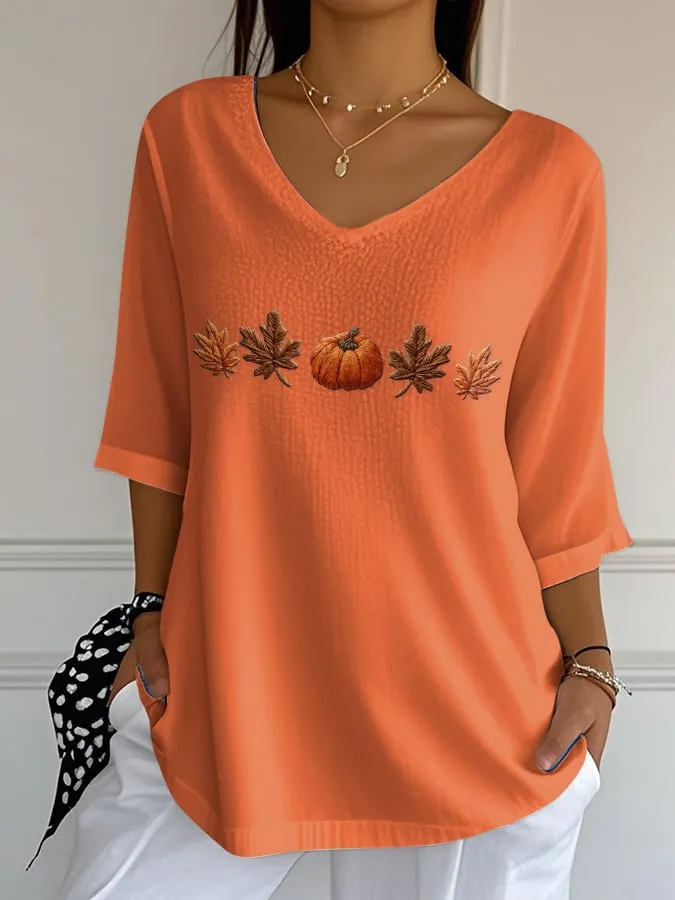Women's Casual Autumn Pumpkin Stripe Bubble Wrinkle Three-quarter Sleeve T-shirt 