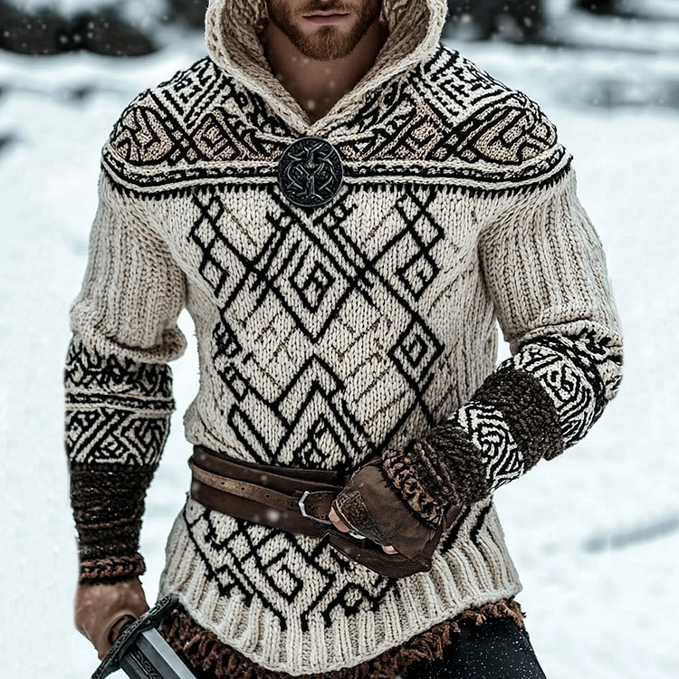 Men's Viking Tribal Pattern Jacquard Celtic Cozy Hooded Sweater