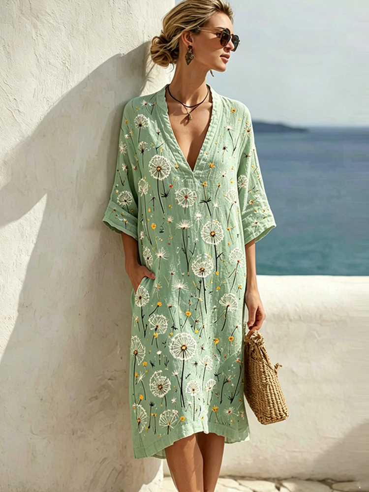 Comstylish Floral Pattern Design Women's Casual Linen Dress