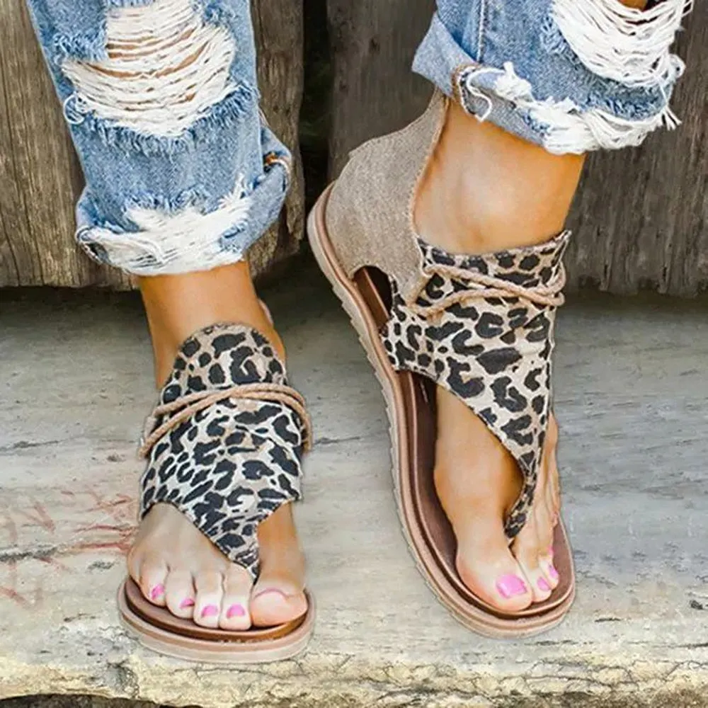 Women Flat Sandals Leopard Print Summer PU Leather Open Toe Shoes Bohemia Beach Retro Gladiator Sandals Flip Flops Slippers