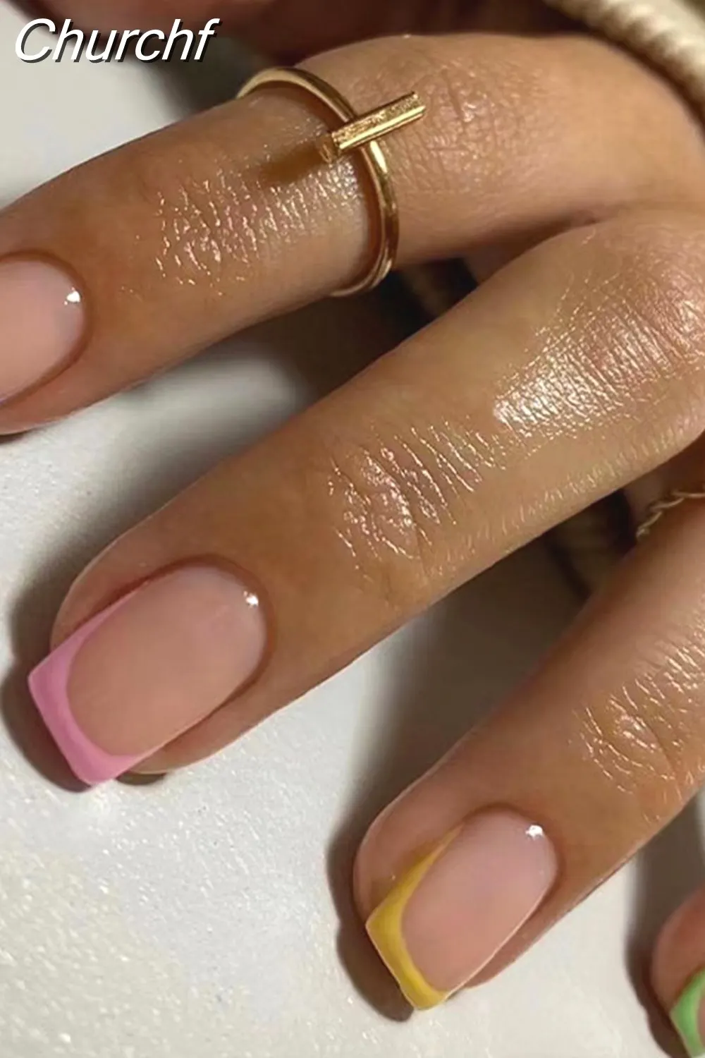 Churchf French White Side False Nails Wearable Rhinestone Desgin Fake Nails Short Simple Nail Full Cover Nail Tips Press On Nails-Nail Inspo