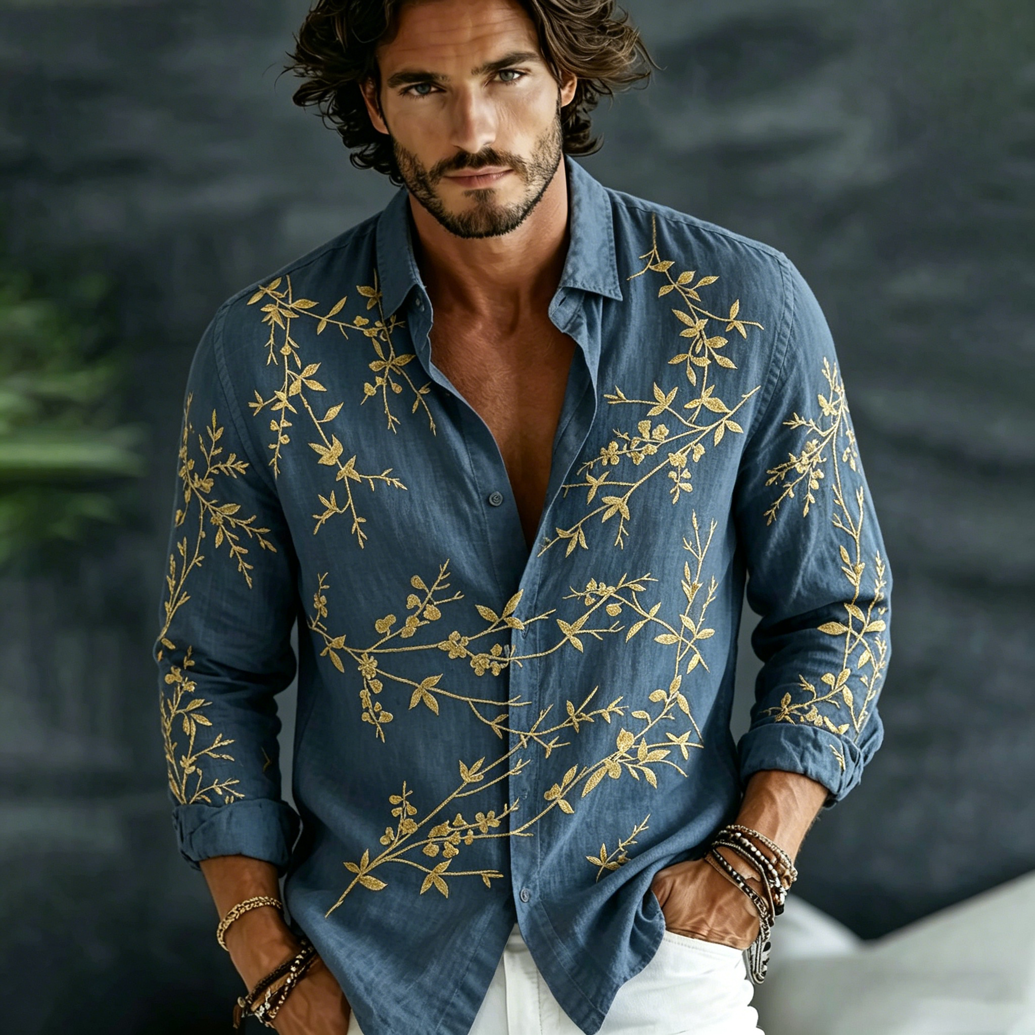 Comstylish Men's Vintage Spring Floral Embroidered Art Print Flowy Linen Blend Casual Shirt