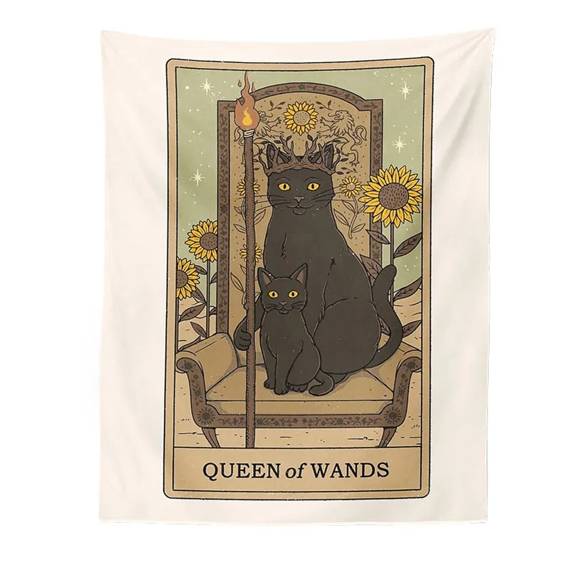 Cat Divination Witchcraft Tarot Card Tapestry Wall Hanging Tapestries Baphomet Occult Home Wall Moon phase Mat Decor Cat Coven