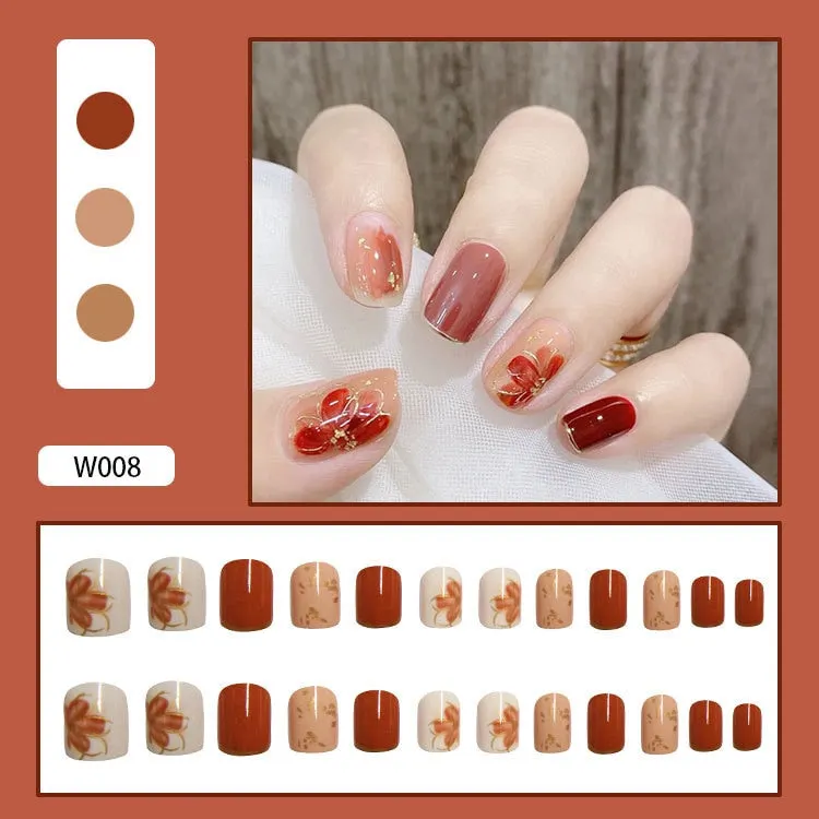 24pcs/box Fake Nails With Glue Yellow Flower Printed Type Short Paragraph Fashion Manicure Press On False Nails Gifts For Girls-Nail Inspo