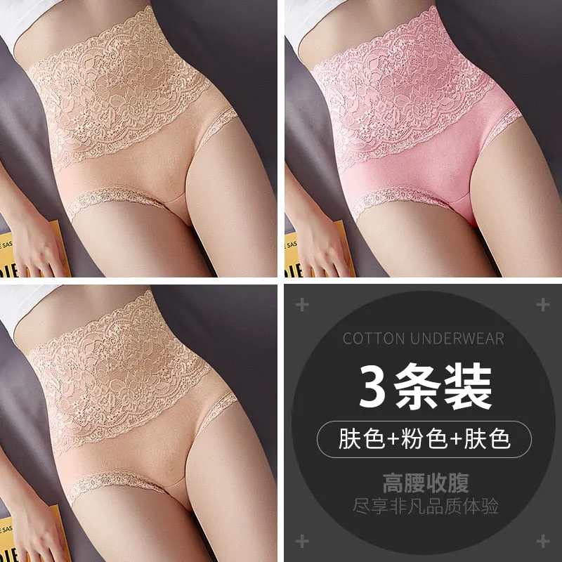Women Lace Panties High Fit Cotton Panties High Waist Underwear Body Shaping Sexy Lingerie Slimming Tummy Control Pants 3Pcs