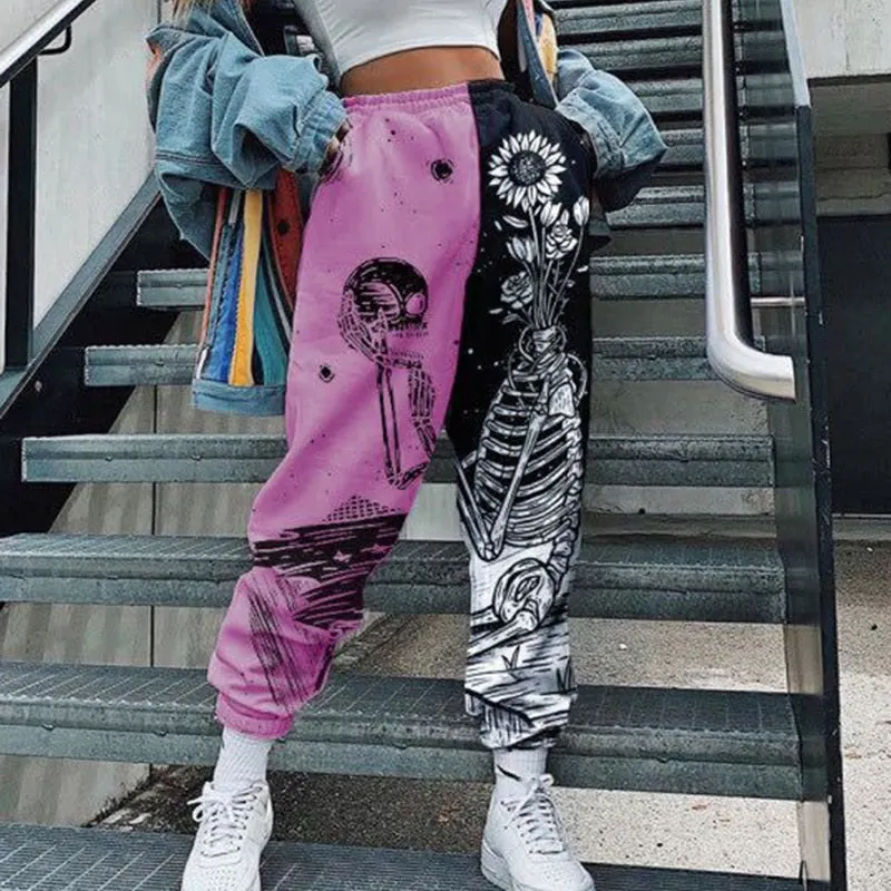 Women Casual Skull Print Patchwork Pants Spring Autumn Elastic Waist Pocket Loose Pencil Pants Female Streetwear Warm Sweatpants