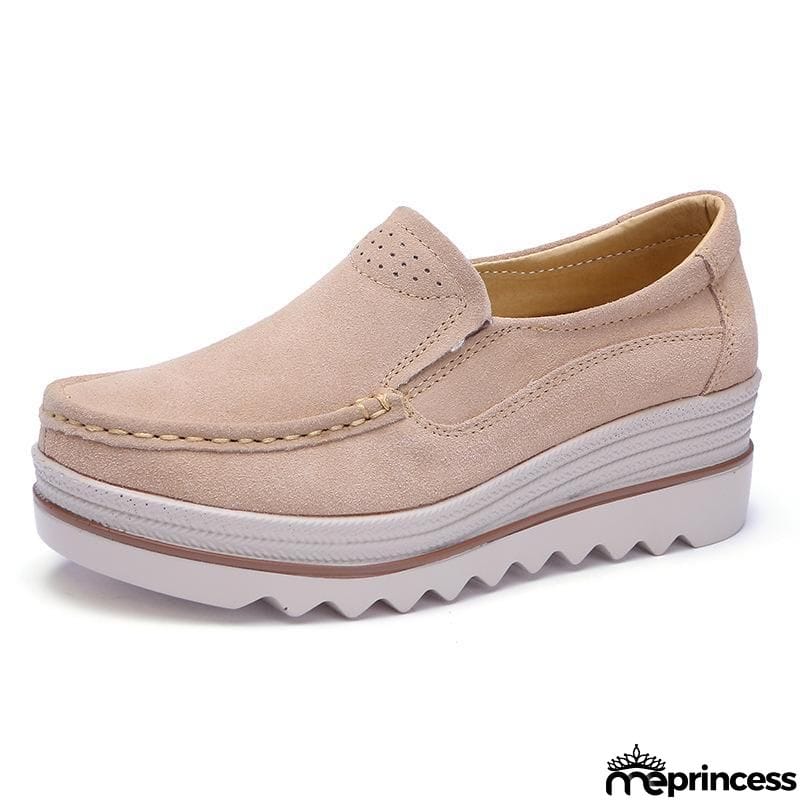 Women's Breathable Suede Round Toe Slip On Platform Shoes