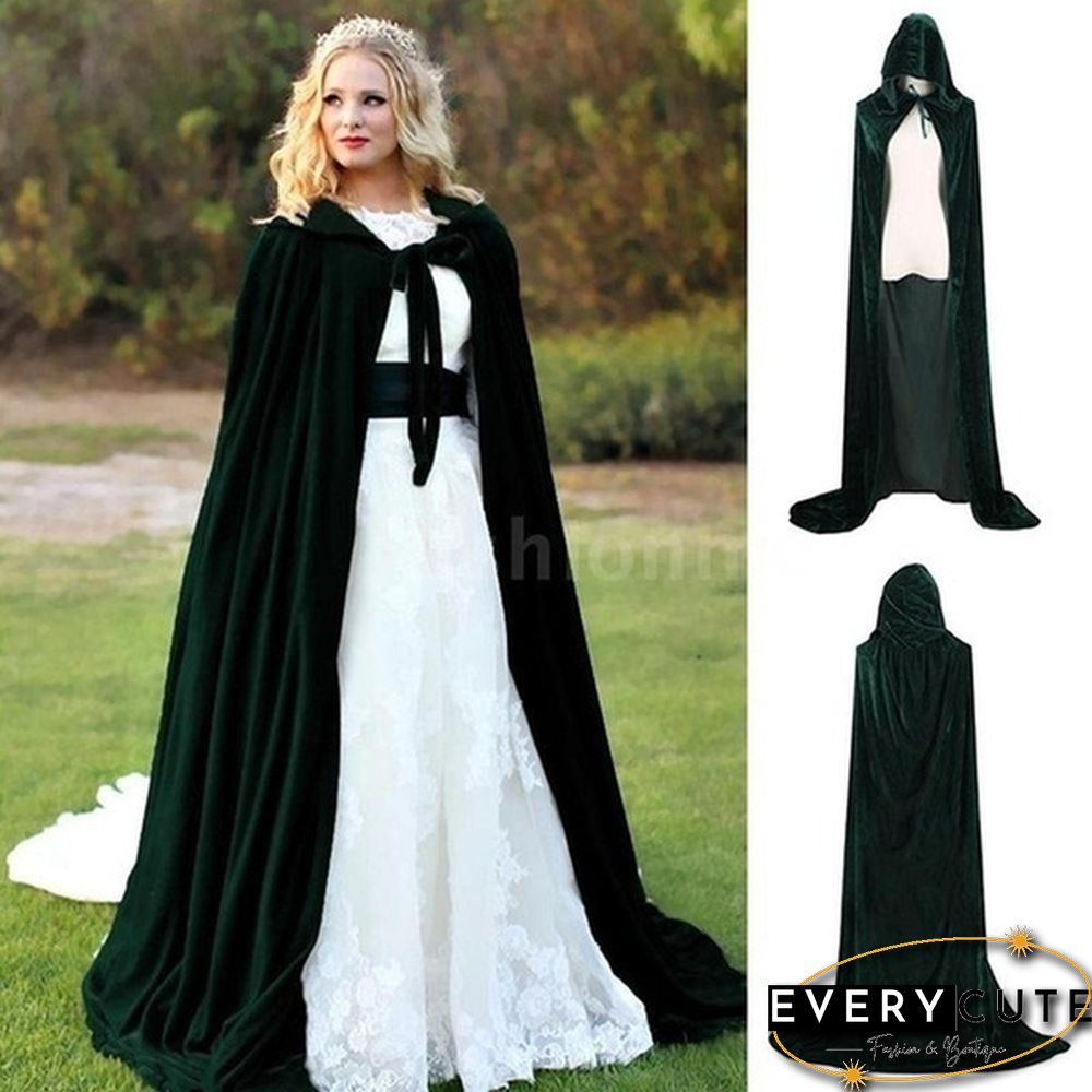 Adult Hooded Cloak Long Velvet Cape Robe Green Black Red Halloween Carnival Purim Coats Medieval Witch Wicca Vampire Costume