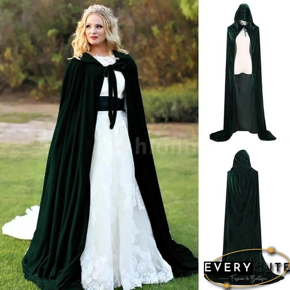 Adult Hooded Cloak Long Velvet Cape Robe Green Black Red Halloween Carnival Purim Coats Medieval Witch Wicca Vampire Costume