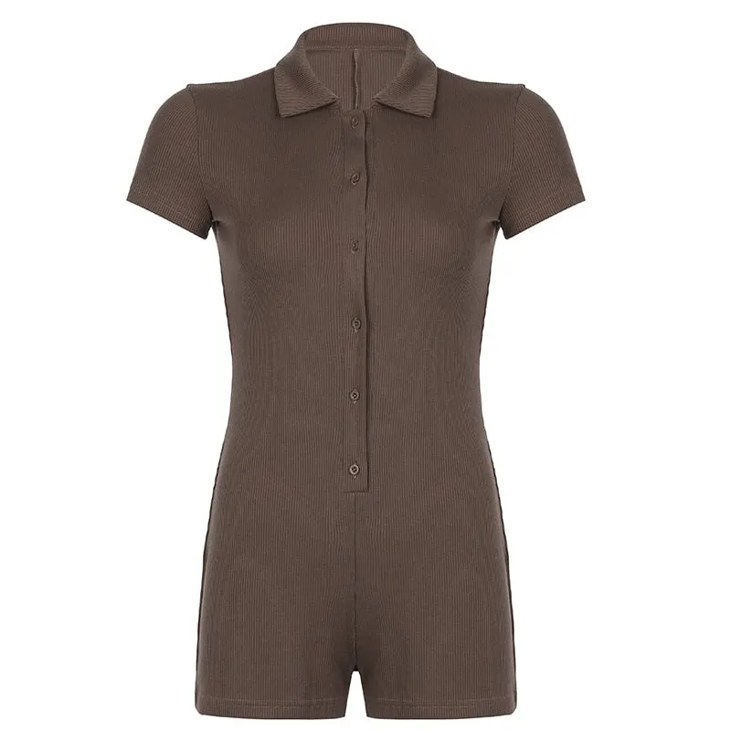 Rapcopter Single-Breasted Playsuits Brown Knitted Bodysuits Solid Casual Basic Jumpsuits Short Sleeve Overalls Biker Women Body