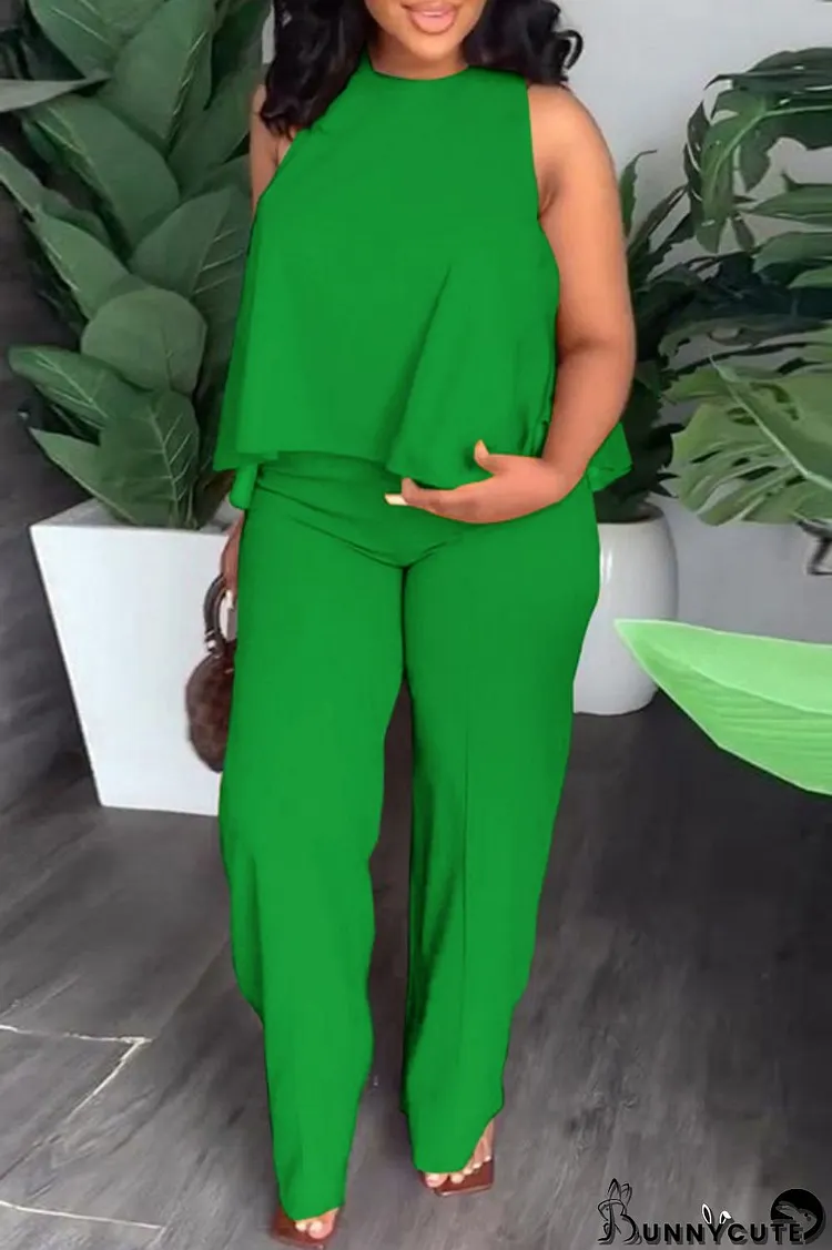 Green Casual Solid Basic O Neck Plus Size Two Pieces