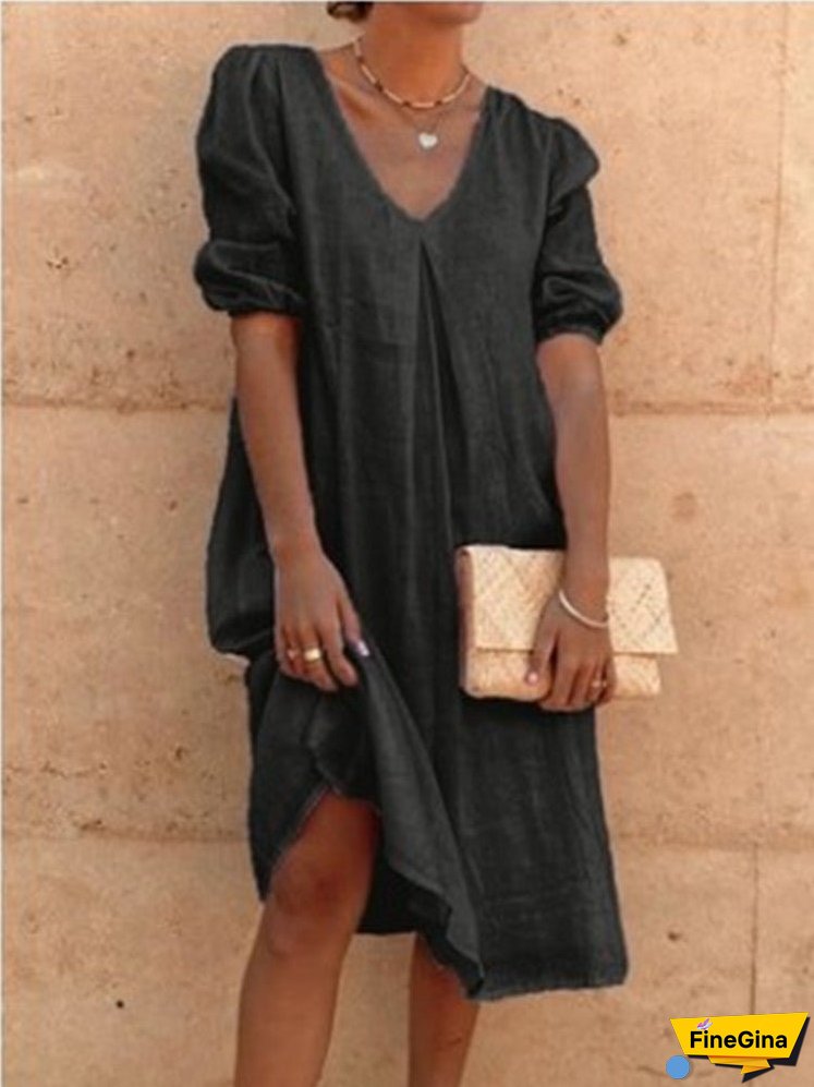 XIEYINSHE Europe and America Cross Border Wish Cotton Linen Solid Color Fashion Medium Long Sleeve Long Casual Mid-Length Dress