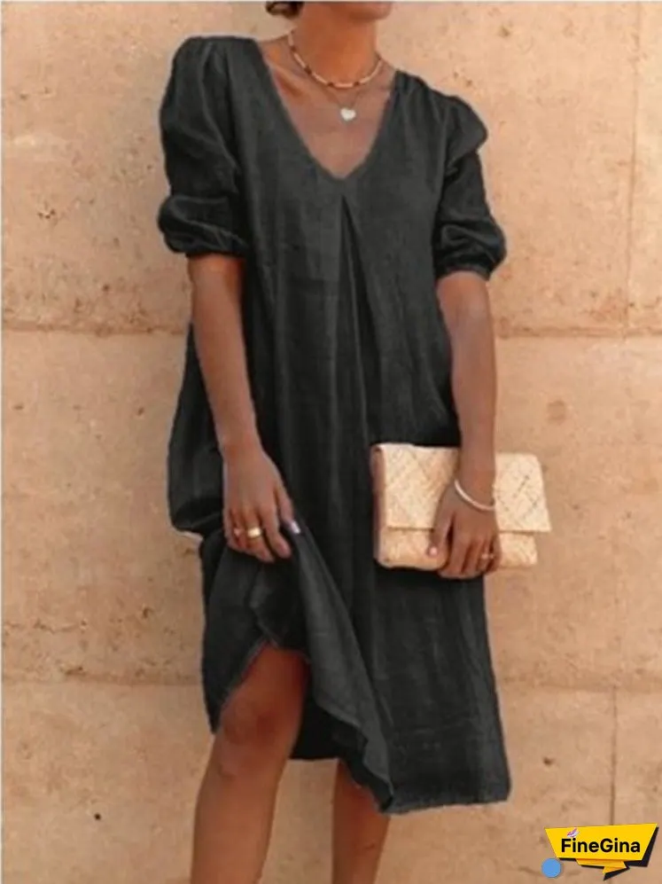 XIEYINSHE Europe and America Cross Border Wish Cotton Linen Solid Color Fashion Medium Long Sleeve Long Casual Mid-Length Dress