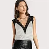 SHEIN Lace Trim Double V Neck Satin Silk Top Sexy Tops for Women Fitness Tank Top Green Elegant Workwear Women's Sleeveless Tops