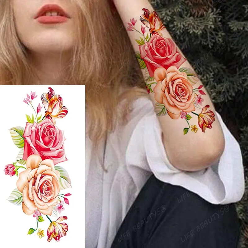 Sdrawing Temporary Flower Tattoos Women Fashion Beauty Rose Butterfly Flash 3D Fake Tattoo Arm Sleeve Pink Blue Sticker Girl