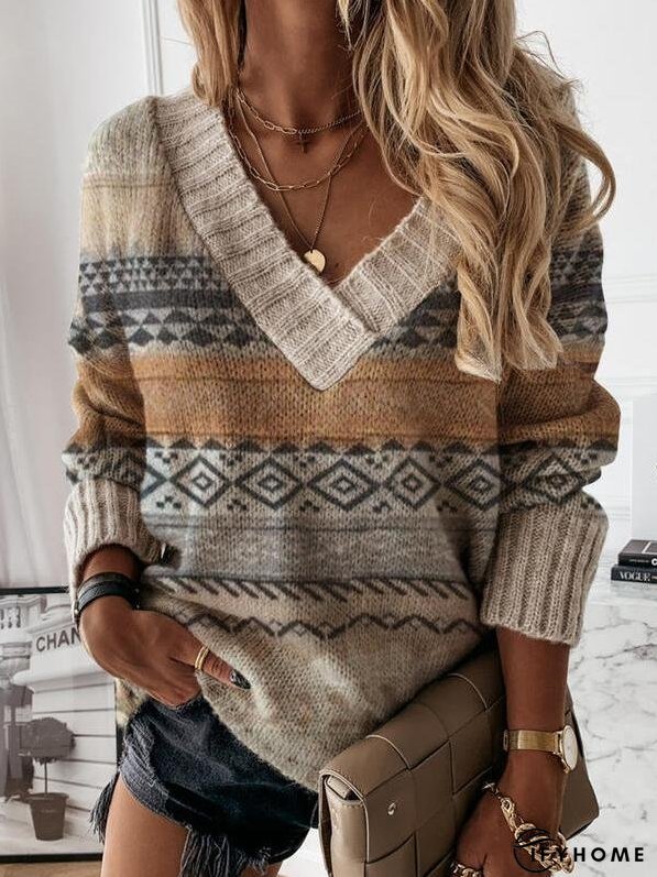 Women's Sweaters Vintage Printed V-Neck Long Sleeve Sweater | IFYHOME
